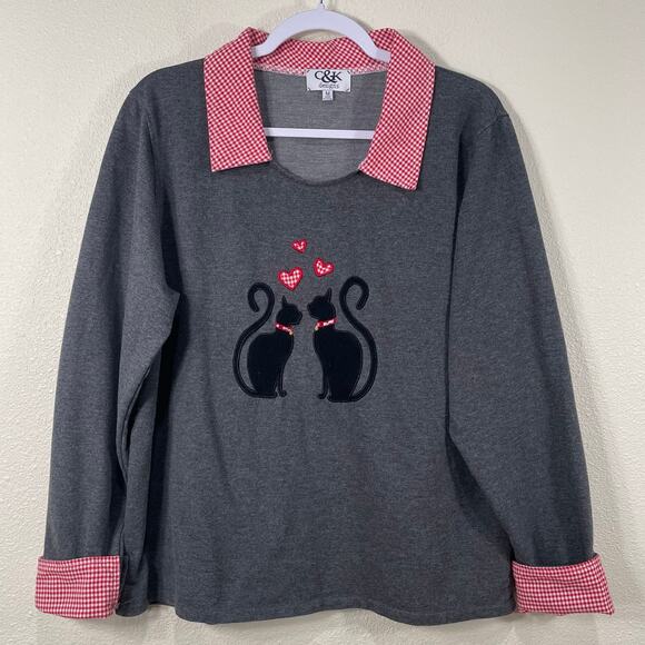 C&K Designs Sweaters - Vintage 90s Y2k Gray Red Gingham Collared Black Cats Hearts Novelty Sweatshirt M